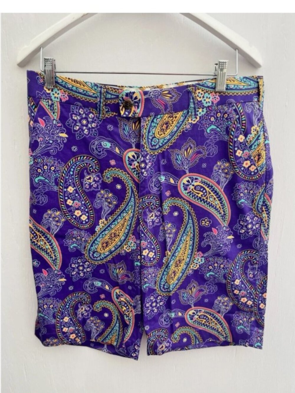 LOUDMOUTH GOLF Mens Purple Paisley Flat Front Shorts Pockets Stretch Size 34